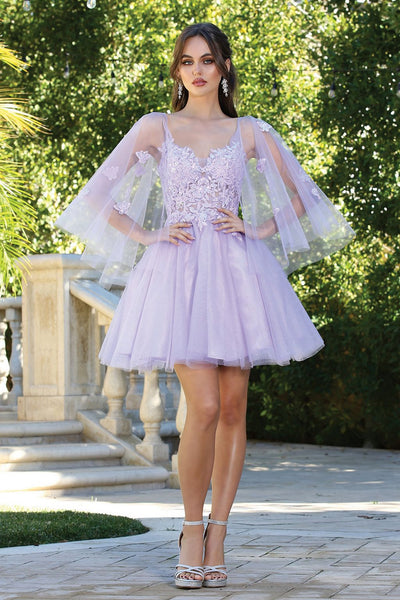 Adora Design 1053 A Line Glitter Tulle Applique Short Cape Dress