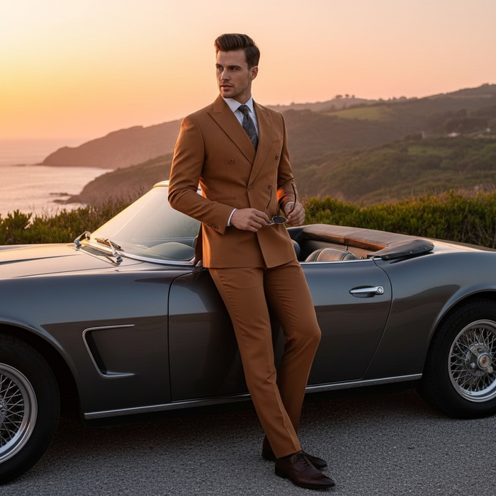 Men’s Vitali Brand Rustish Orange Brown Copper Color Double Breasted Slim Fit Suit USA Men's Outlet
