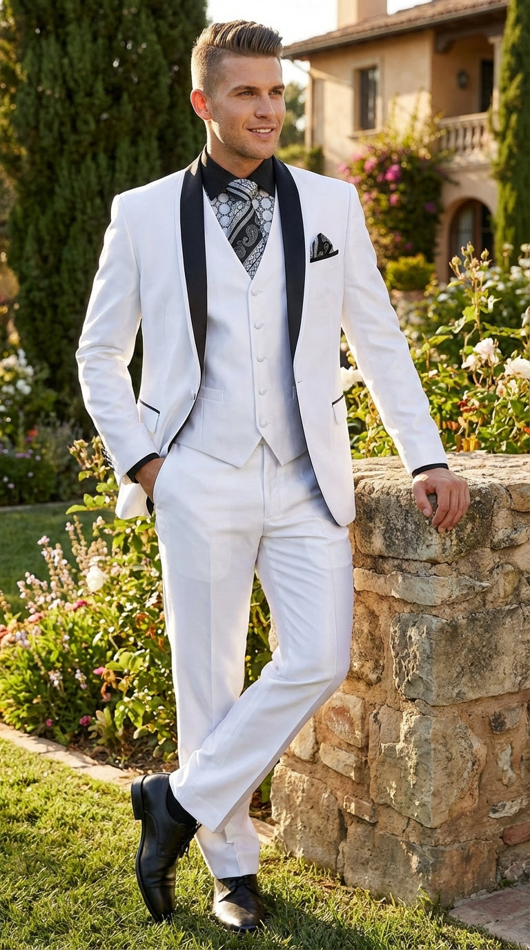 Men’s White Shiny Flashy Fabric Tuxedo Suit with Black Shawl Lapel | Luxury Formal Wedding and Evening Suit Sharkskin Metallic Fabric