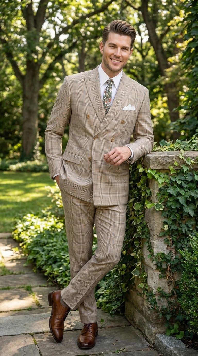 Vinci Men’s Beige Plaid Double Breasted Suit – Classic Checkered Formal Suit Set in Tan Color Windowpane Checkered Pattern