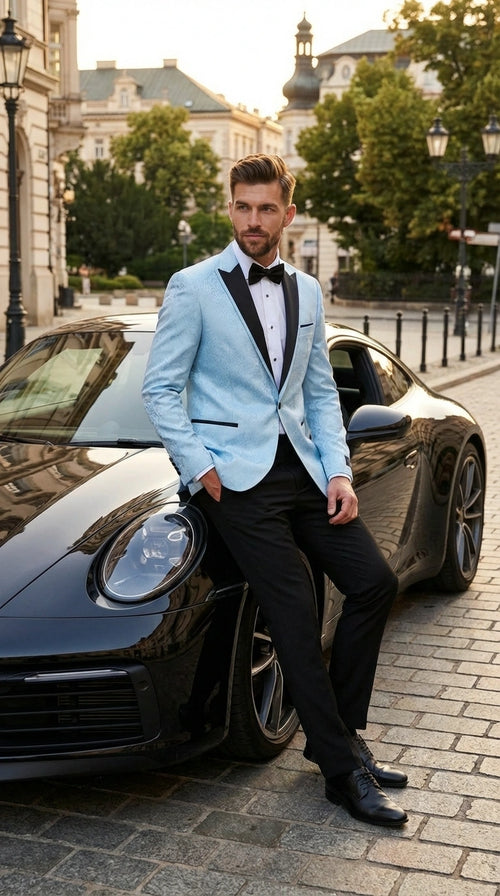 Men’s Baby Blue Tuxedo Blazer with Black Lapel – Formal Dinner Jacket for Wedding, Prom and Evening Events  in Sky Light Blue Color