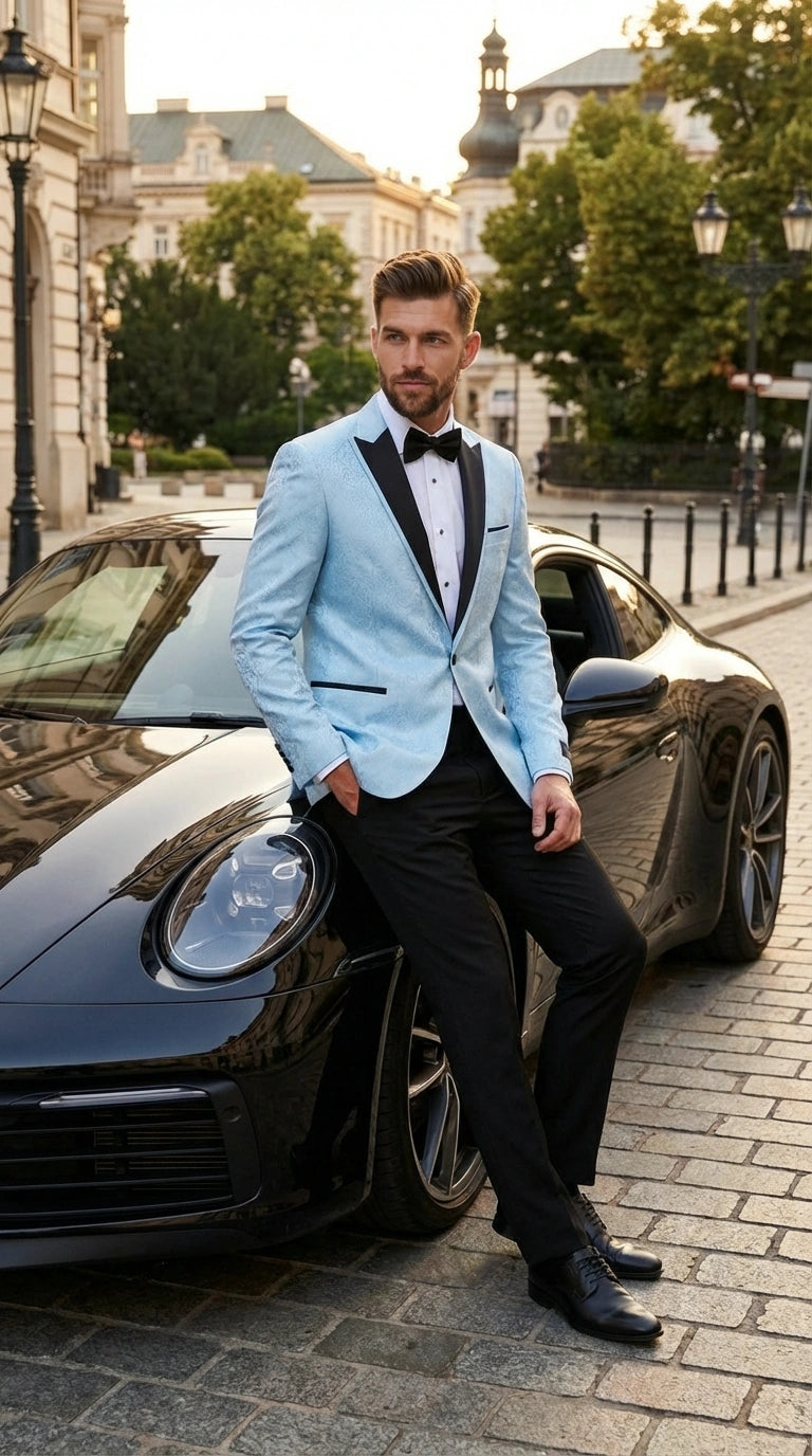 Men’s Baby Blue Tuxedo Blazer with Black Lapel – Formal Dinner Jacket for Wedding, Prom and Evening Events  in Sky Light Blue Color