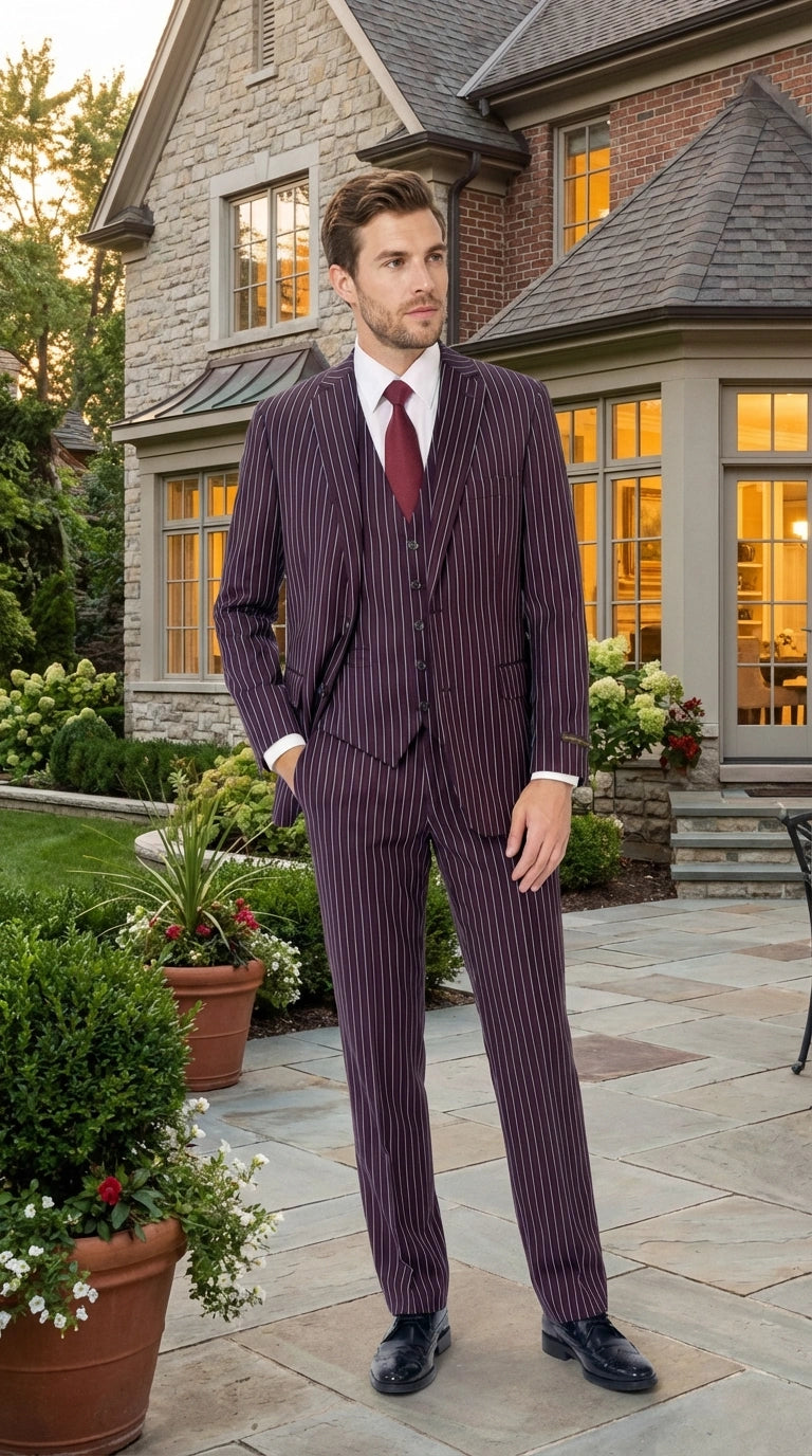 Men’s Plum Eggplant Pinstripe 3 Piece Suit – Burgundy Purple Formal Suit  Gangster 1920s Mafia Pimp Suit