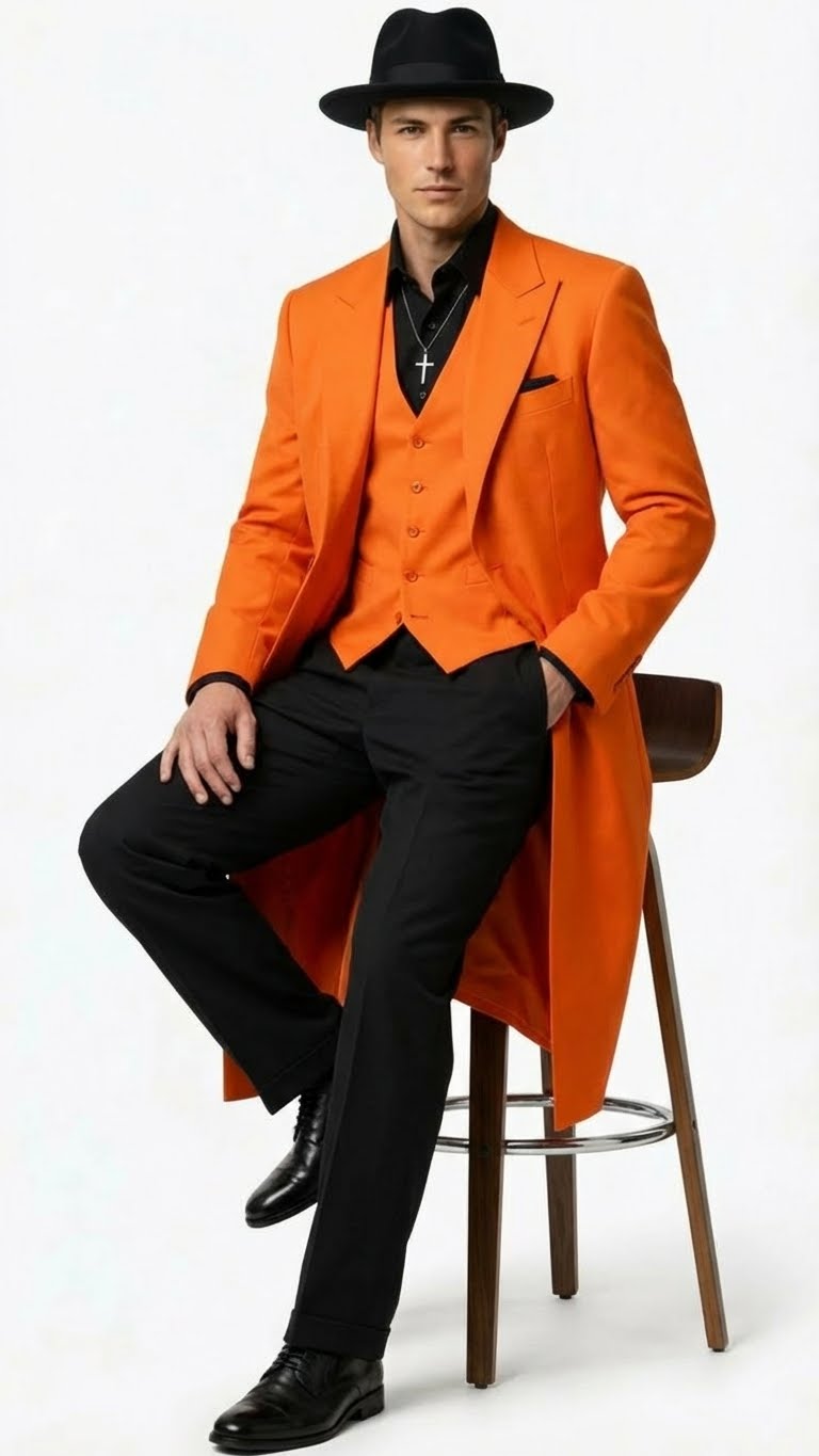 Men’s halloween Costume Orange Long Zoot Suit Set With Black Shirt and Black Pants included by USA Men's Outlet