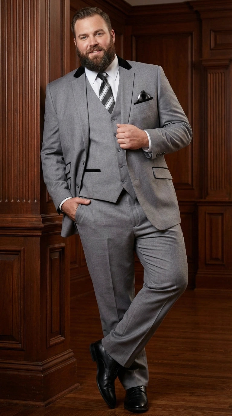 Men’s Light Gray Three Piece Suit with Black Chesterfield Collar  – Classic Formal Wedding and Business Suit Set 1920s Vintage