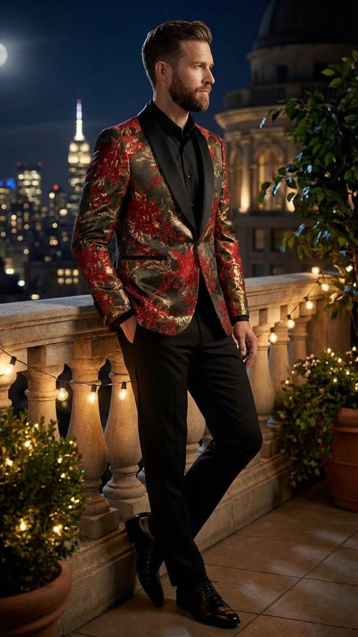 Men’s Red and Gold Floral Pattern Paisley Shawl Lapel - Luxury Evening and Party Wear Jacket Prom Christmas New Year Blazer by USA Men's Outlet
