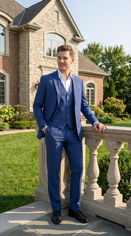 Men’s Royal Blue Pinstripe Three Piece Suit – Classic Formal 3PC Business and Wedding Suit Indigo Teal Saphire Pinstripe