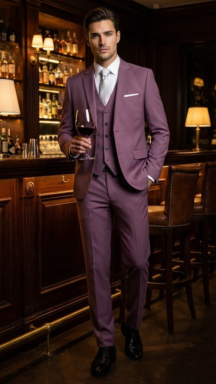 Men’s Mauve Three-Piece Suit - Slim Fit Formal Blazer, Vest, and Trousers for Weddings Rose Gold Pinkish Color USA Men's Outlet