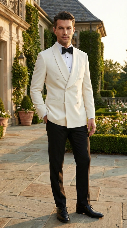 Men’s Ivory Wool Dinner Jacket – Classic Double Breasted Formal Tuxedo Jacket for Wedding and Black Tie Events