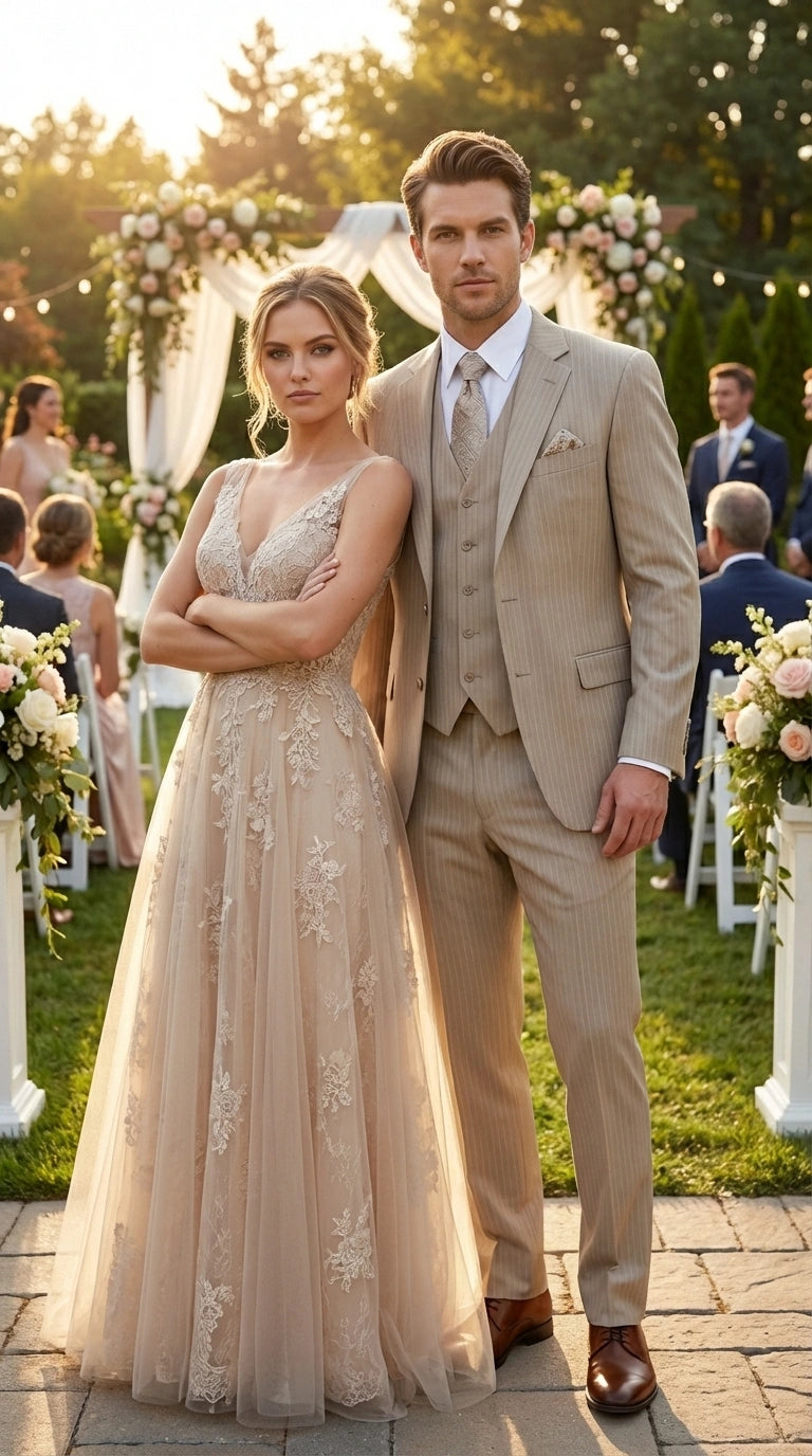 Men’s Tan Pinstripe Three Piece Suit – Classic Fit Pleated Pants  Tan Sand Beige Wedding, Church Shadow Ton on Tone  Business Suit for Men