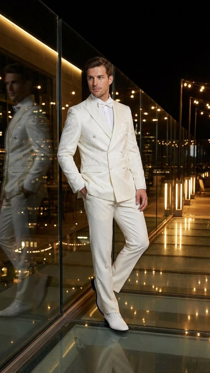 Men’s Ivory Double Breasted Tuxedo Dinner Jacket - Textured Blazer Paisley Texture Pattern in Off White Cream Color + Bowtie by USA Men's Outlet