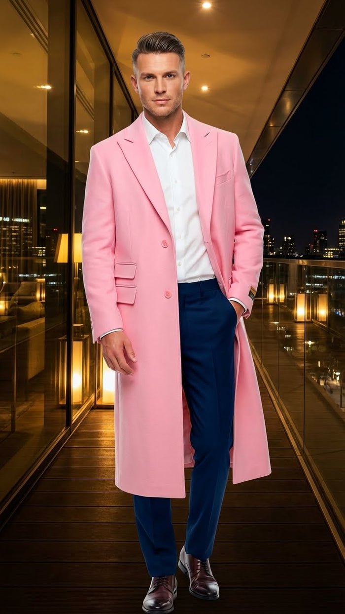 Men’s Pink Wool Blend Long Overcoat - Slim Fit Tailored Winter Coat - Carcoat - Topcoat by USA Men's Outlet