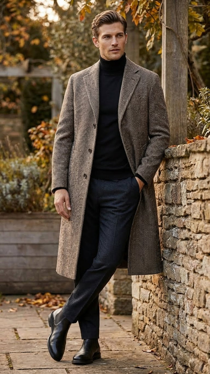 Men’s Black & Grey Herringbone Tweed Wool Blend Overcoat - Classic Single-Breasted Winter Blazer Carcoat by USA Men's Outlet