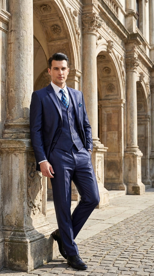 Men's Shiny Navy Blue Sateen 3-Piece Suit – Elegant Wedding, Prom Dress Suit with Matching Vest and Pants Slim Fitted