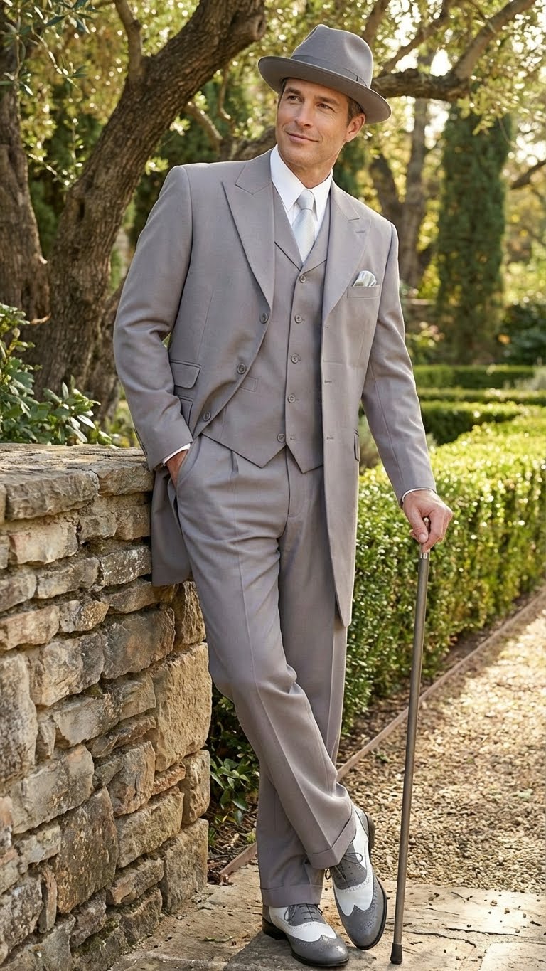 Men’s Gray Zoot Suit with Matching Hat and 1920s Shoes | Grey Vintage Wedding and Party Three Piece Suit