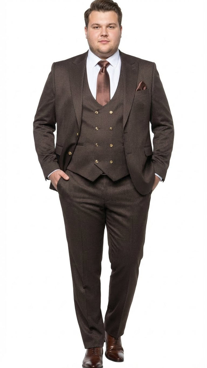 Men’s Chocolate Brown Textured 3-Piece Suit - Luxury Double-Breasted Vest Formal Set by USA Men's Outlet