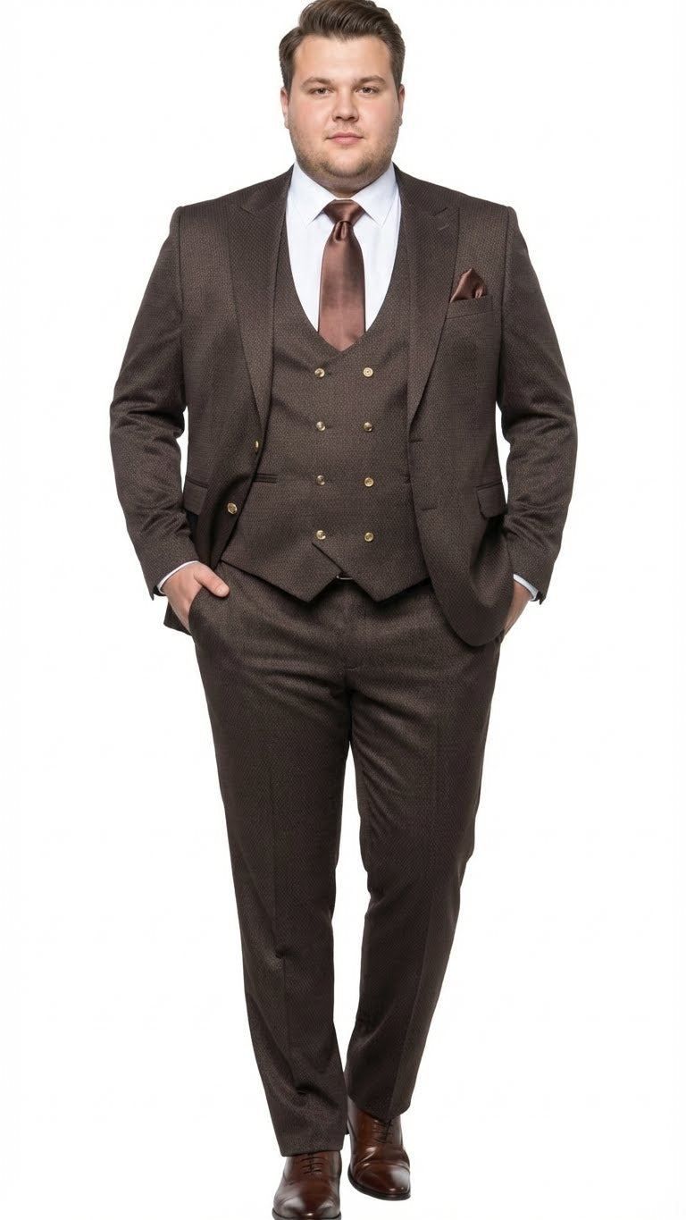 Men’s Chocolate Brown Textured 3-Piece Suit - Luxury Double-Breasted Vest Formal Set by USA Men's Outlet