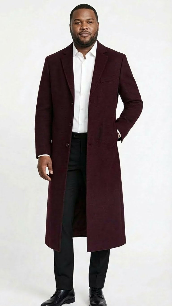 Men’s Burgundy Long Coat - Classic Fit Wool Blend Overcoat - Topcoat Full length USA Men's Outlet