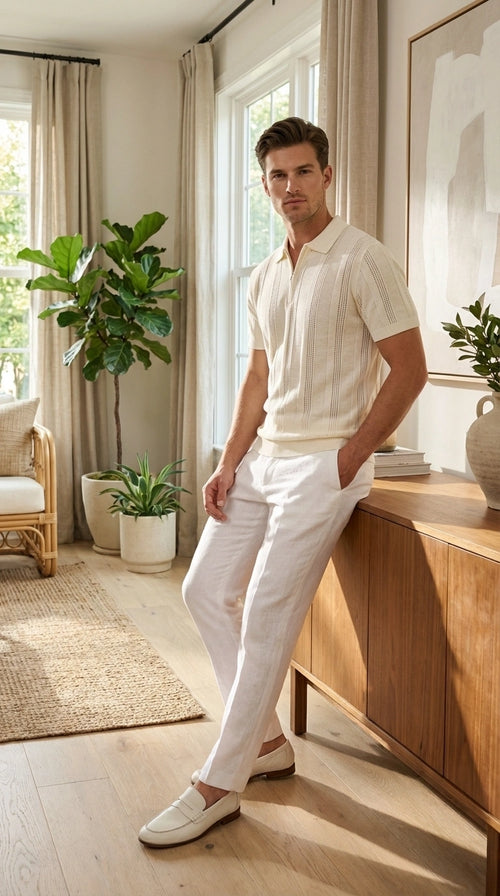 Mens Cream Ivory Off White Knit Walking Suit Set – Lightweight Short Sleeve Shirt and Pants Outfit for Summer, Vacation and Casual Wear