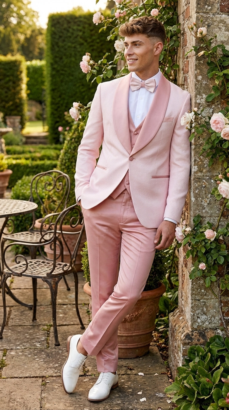 Men’s Cream and Rose Pink Prom Suit – Cream Tuxedo Jacket with Rose Pink Pants and Shawl Lapel Formal Suit for Prom and Wedding