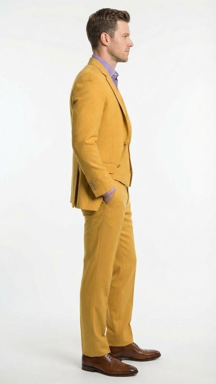 Men’s Mustard Yellow Three Piece Suit - 2 Button Notch Lapel Modern Fit in Gold Color - Church Suit by USA Men's Outlet