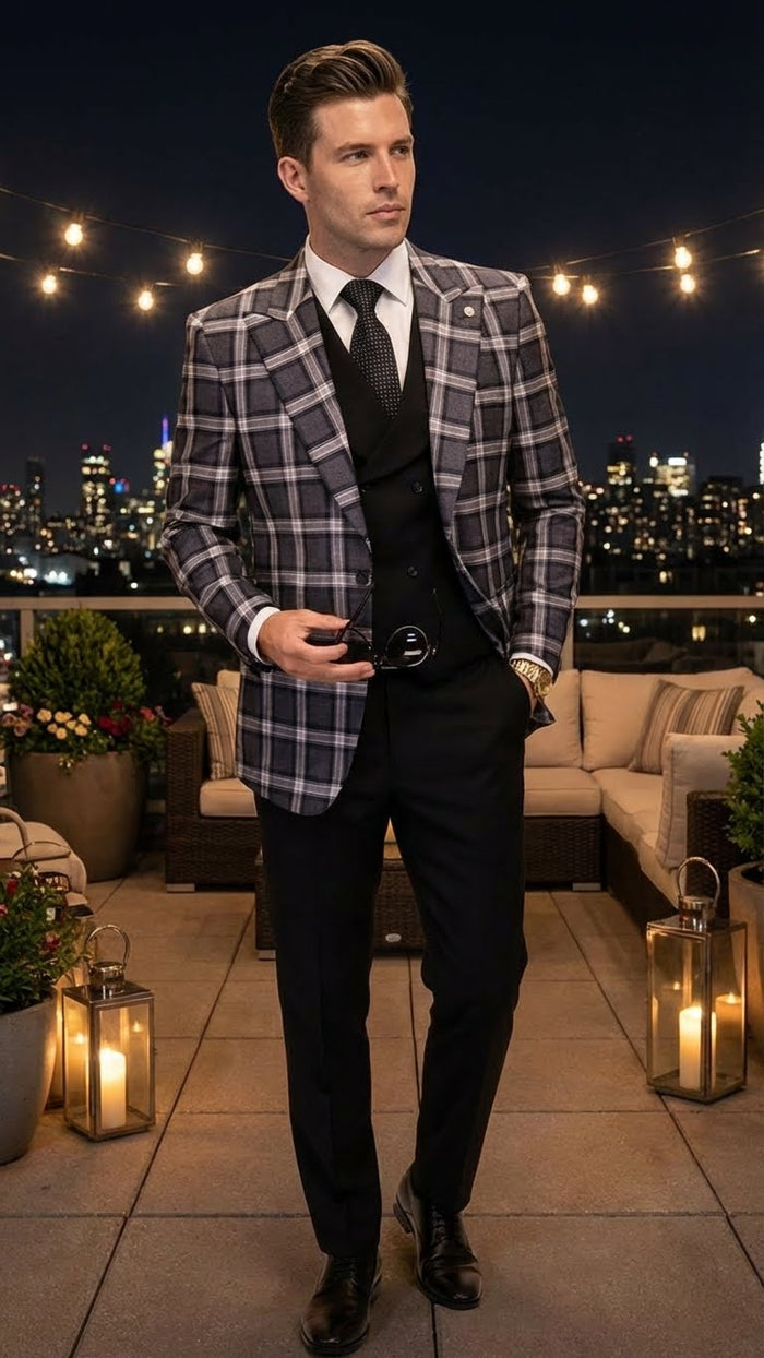 Men’s Big and Tall Charcoal Gray and Black Plaid Blazer - Grey Checker Windowpane Sport Coat by USA Men's Outlet