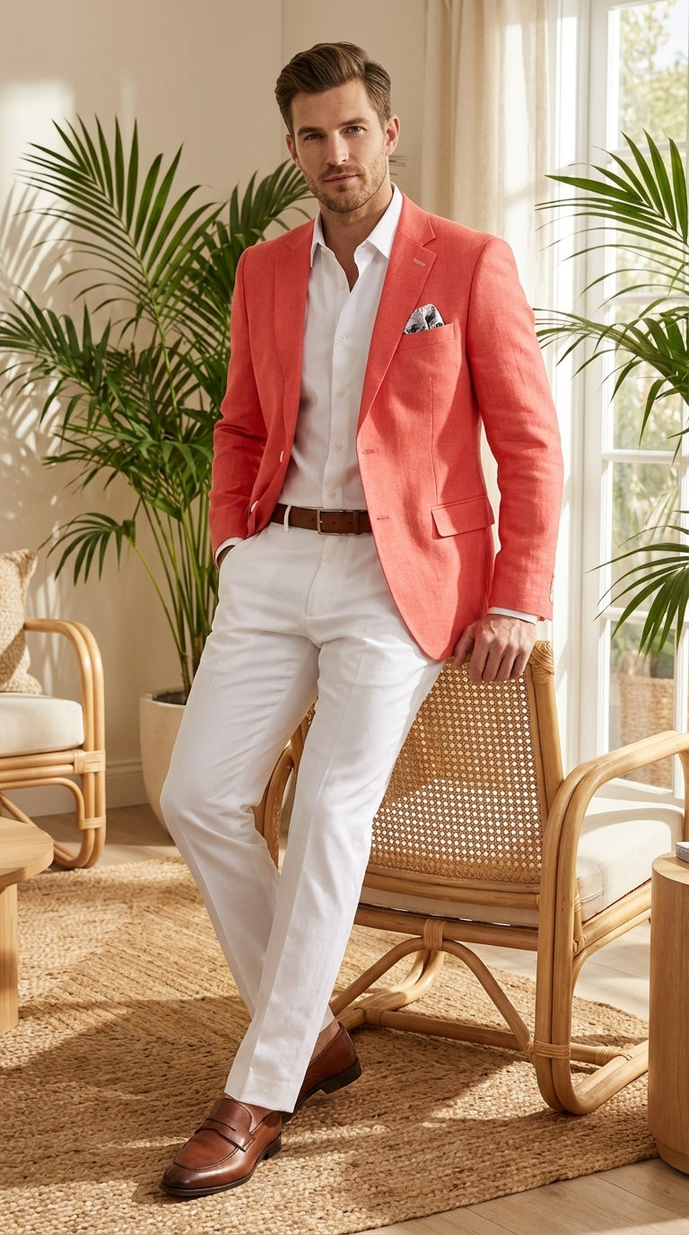 Mens Coral Linen Blazer Sport Coat – Lightweight Summer Linen Jacket for Wedding, Beach Events, Business Casual in Salmon Color