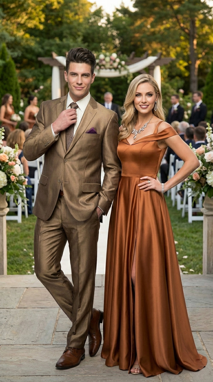 Mens Gold Brown Tan Beige Khaki Bronze Formal Suit – Luxury Metallic Finish Wedding and Prom Suit for Men