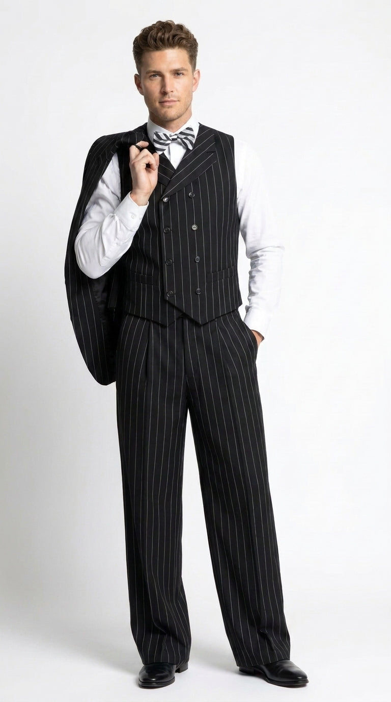 Men’s Black Pinstripe 3-Piece Suit Wool Suit  – Classic Fit Single Button Suit with Wide Leg Pleated Pants By Tiglio Russo