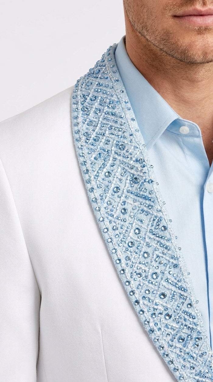 Men’s White & Sky Blue Tuxedo Suit with Embellished Shawl Lapel – Prom & Wedding in light baby poweder blue color