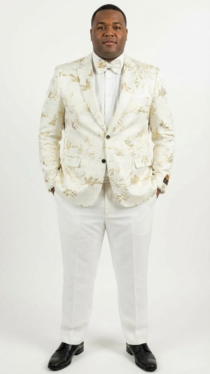 Men’s White and Gold Patterned Blazer - Paisley Floral Pattern Prom Wedding Suit Tuxedo Dinner Jacket + Bowtie by USA Men's Outlet