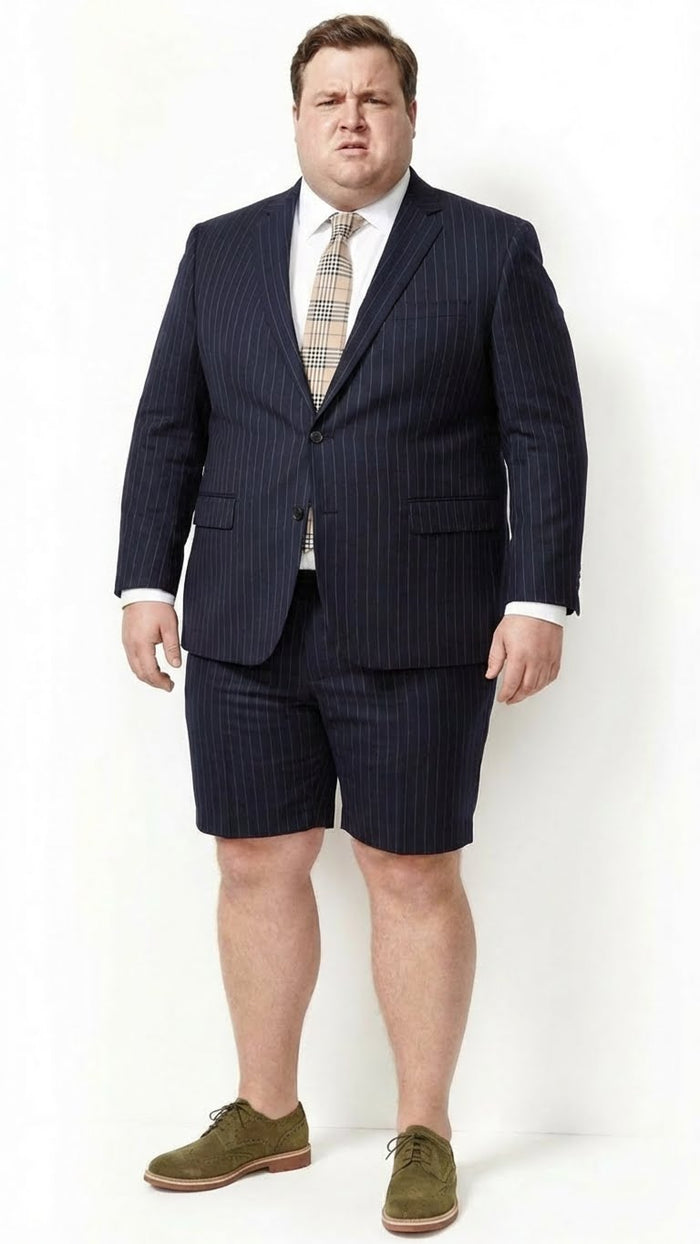 Men’s Dark Navy Blue Pinstripe or Black Pinstripe Summer Business Suit with Shorts Pants Set by USA Men's Outlet