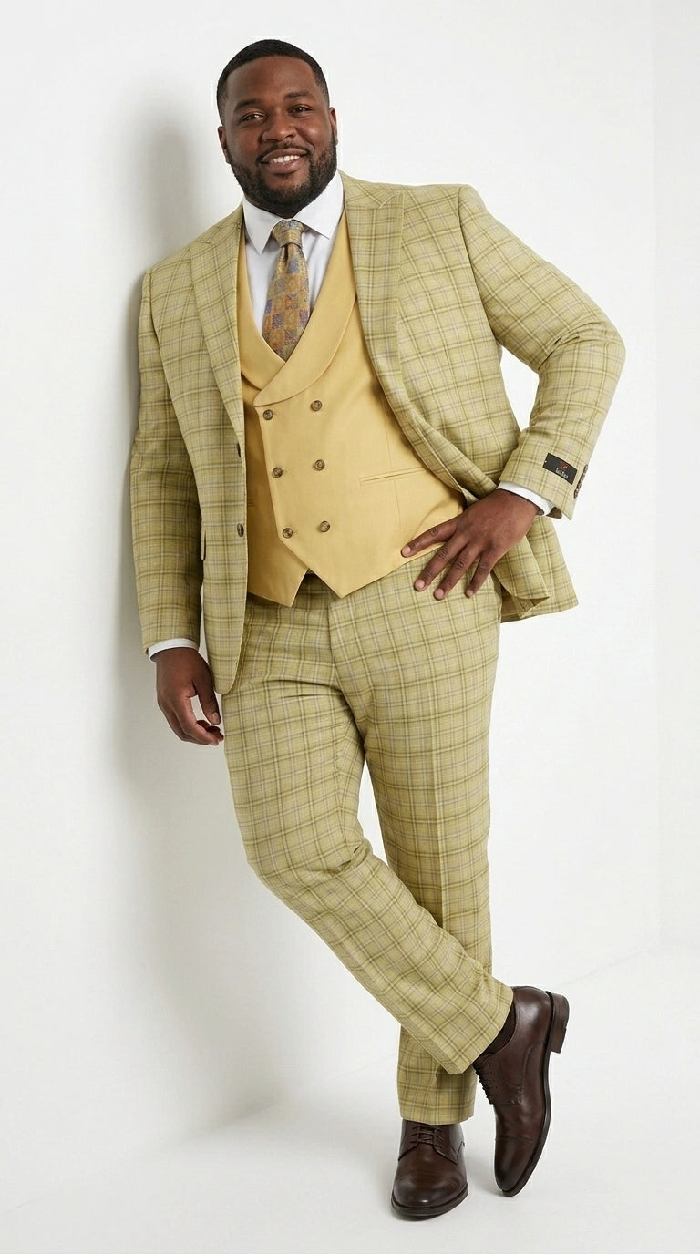 Vitali Men’s Sage Beige Tan Plaid 3 Piece Suit, Check Pattern Formal Dress Suit for Weddings, Prom, Business Events, Modern Fit Light Yellow Color