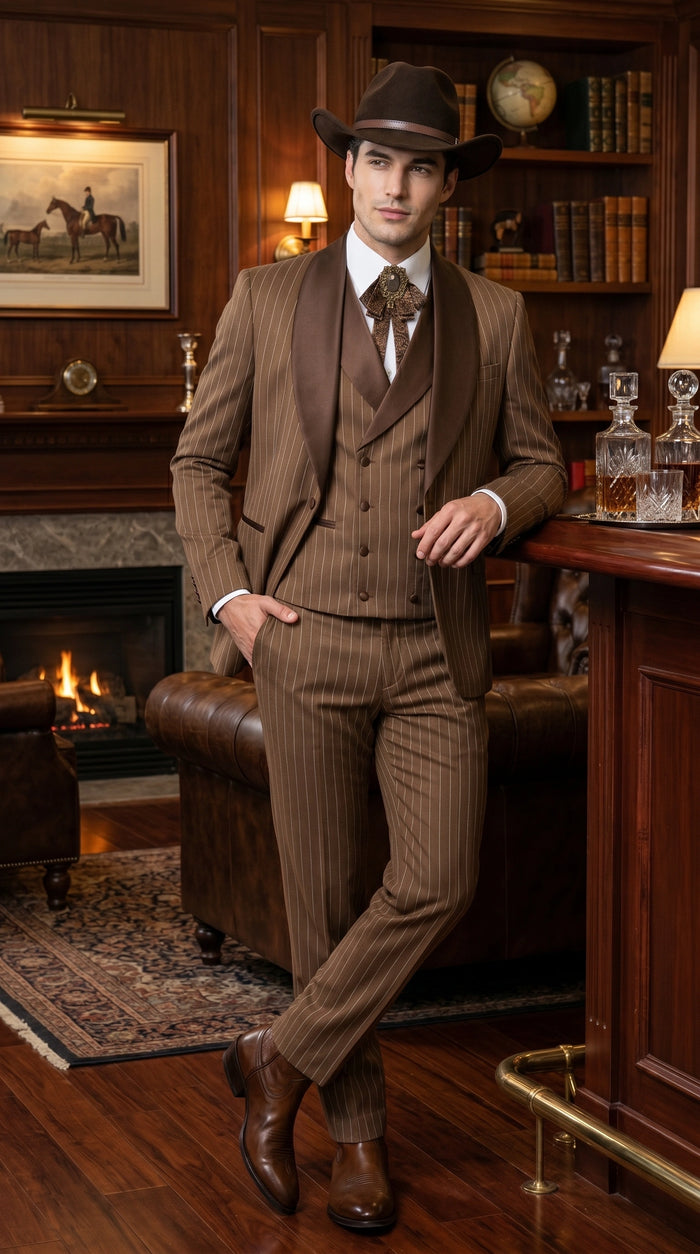 Men’s Brown Pinstripe Western Cowboy Tuxedo, Contrast Shawl Lapel Formal Suit for Weddings, Prom, Parties, and Special Occasions