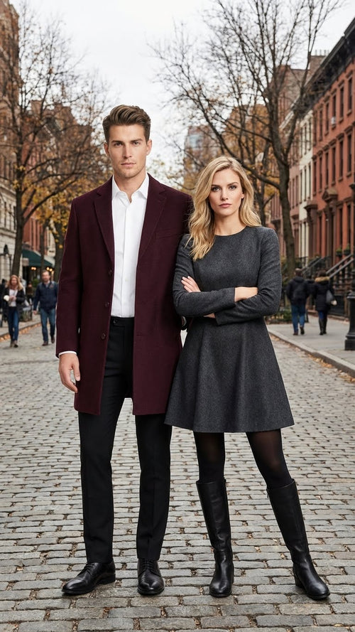 Men’s Burgundy Mid-Length Overcoat – Classic Fit Wool Blend Dress Coat Three Quarter Carcoat Topcoat