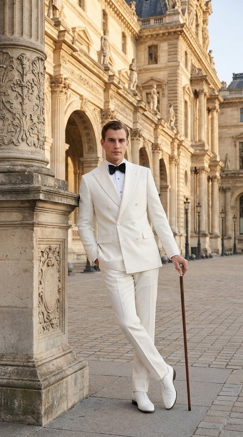 Men’s Ivory Double-Breasted Tuxedo – Vintage Wedding, Prom and Black-Tie Formal Suit off white cream