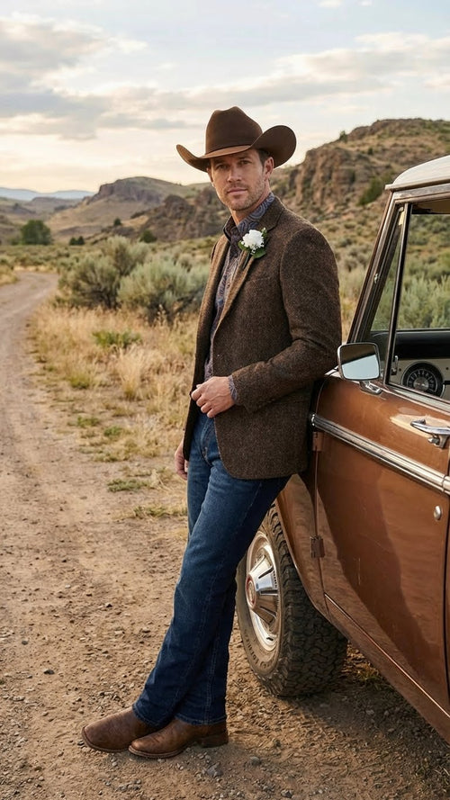 Saco Vaquero Men’s Brown Western Tweed Herringbone Blazer Jacket – Classic Cowboy Style Sport Coat for Wedding Party