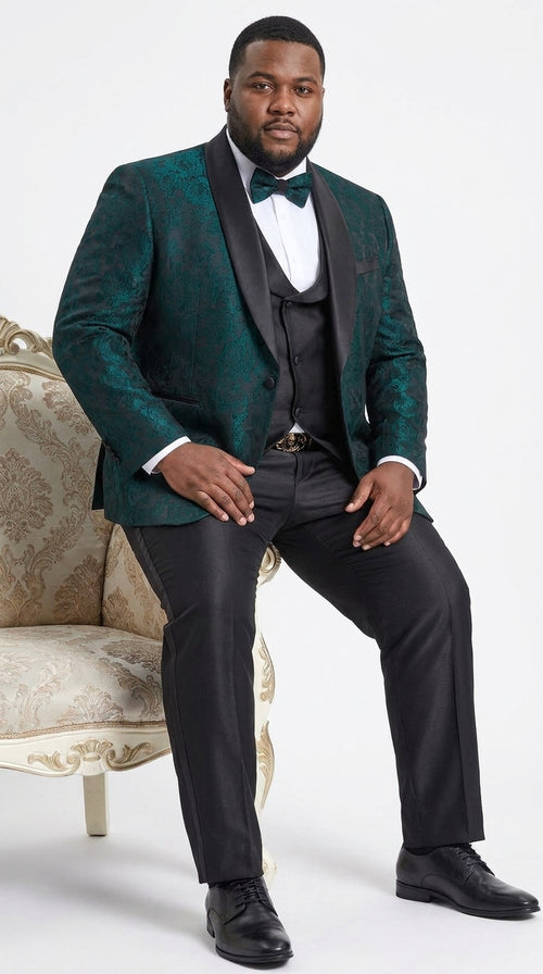 Tazzio Men’s Hunter Green & Black Paisley Tuxedo – Skinny Fit Shawl Collar 3-Piece Prom and Wedding Suit