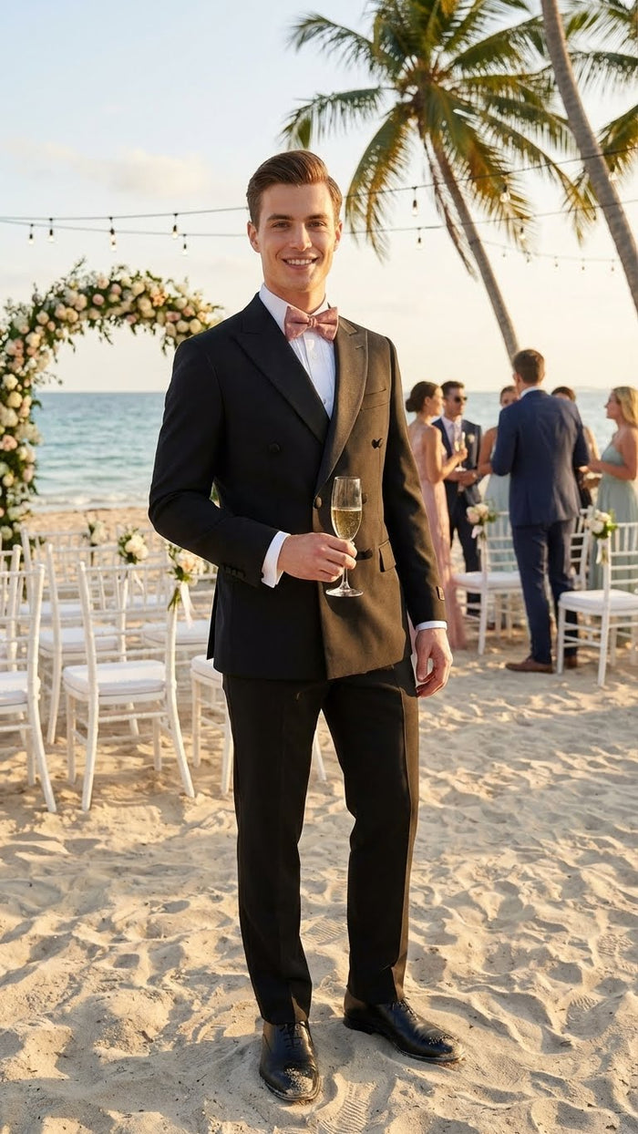 Tiglio Brand 100% Wool Super 150s Italian fabric Men’s Classic Black Double-Breasted Tuxedo with Satin Peak Lapel - Formal Wedding & Gala Suit Set USA Men's Outlet