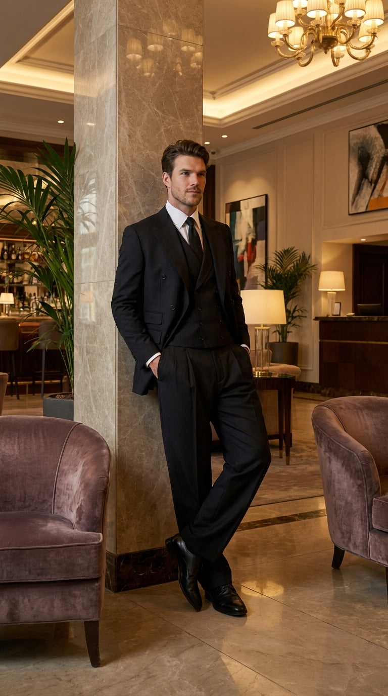 Tiglio Rosso Men’s Black Super 150’s Italian Wool 3-Piece Suit – Double-Breasted Jacket, Vest and Wide-Leg Pleated Pants