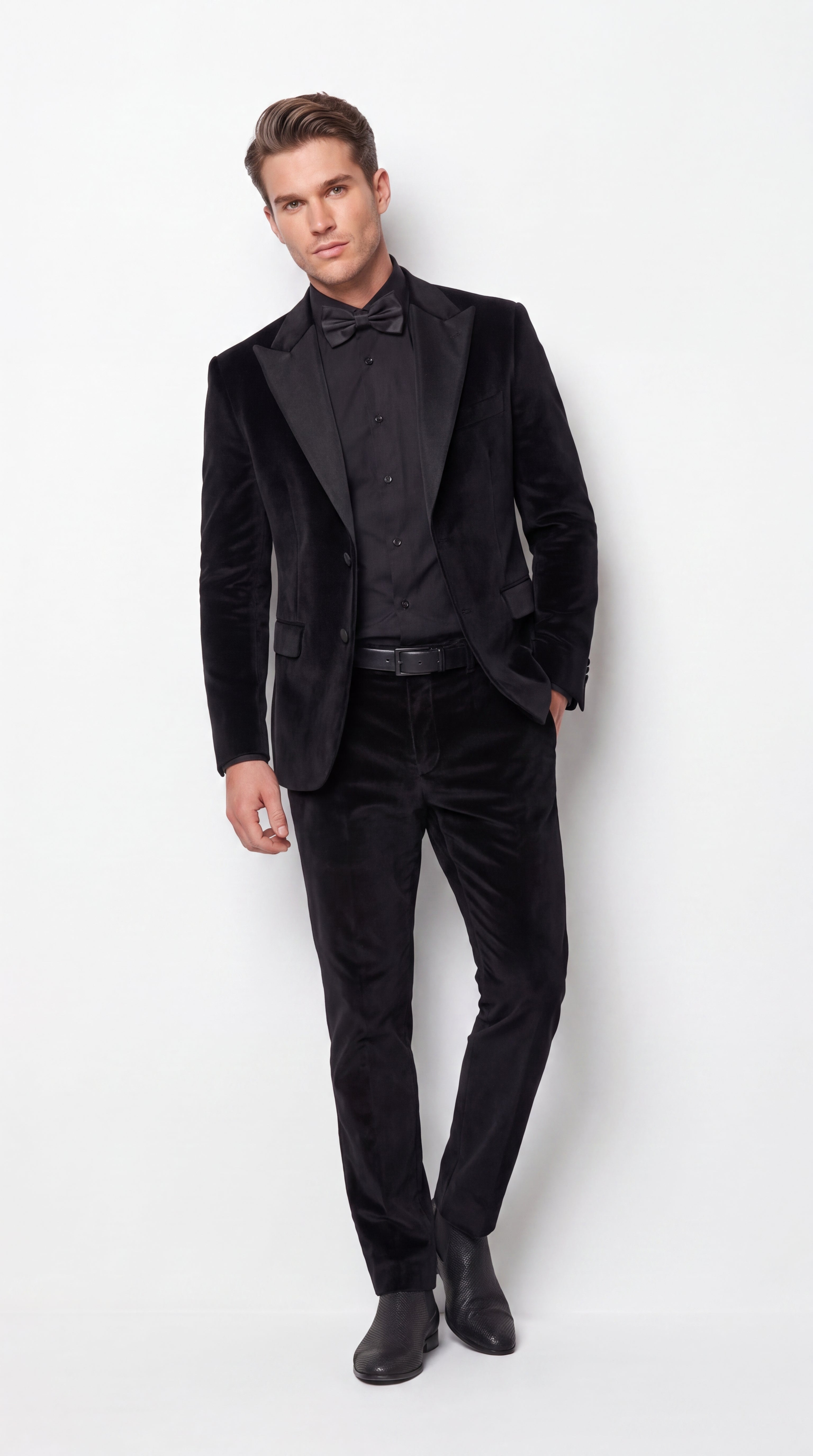 Men’s Black Velvet Tuxedo Suit – Peak Lapel Wedding, Prom and Formal Evening Velvet Pants