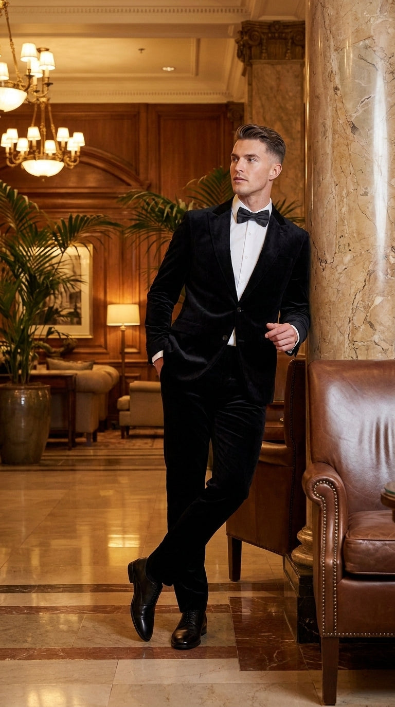 Men’s Black Velvet 2-Piece Suit – Notch Lapel Wedding, Prom and Formal Evening Suit