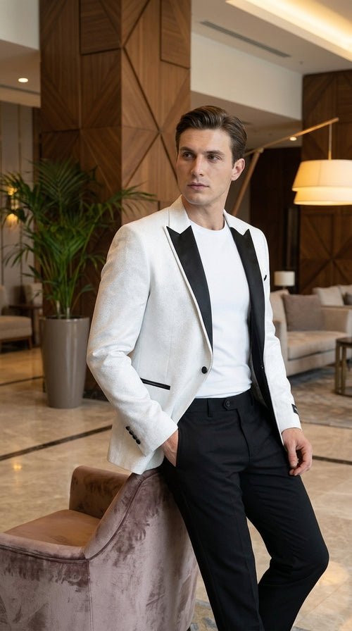 Men's White Sparkle Dinner Jacket – Black Satin Shawl Lapel Tuxedo Blazer   Slim Fit Sequin Shiny Prom Jacket