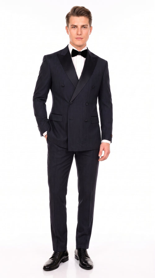 Men’s Navy Blue Double-Breasted Tuxedo – Tone-on-Tone Shadow Pinstripe Formal Wedding and Prom Suit
