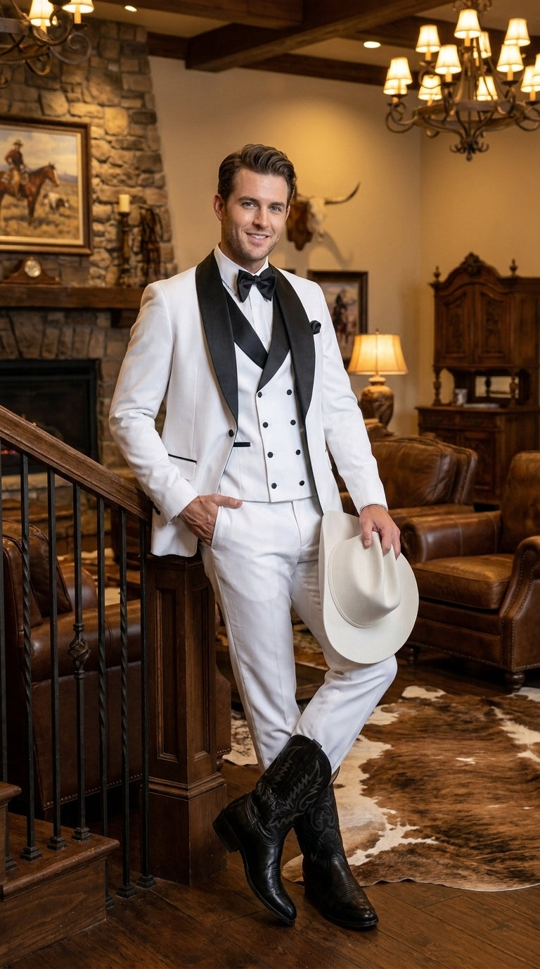 Men’s White and Black Western Wedding Tuxedo – Cowboy Style 3-Piece Traje para Boda with Double-Breasted Vest