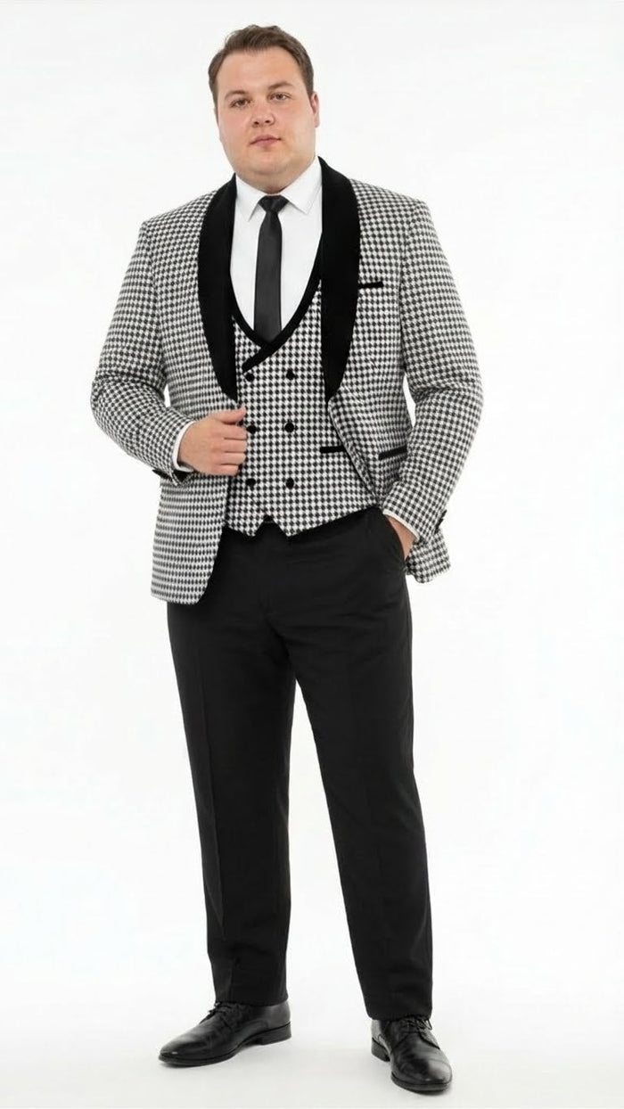 Men’s Black and White Houndstooth Tuxedo Set with Velvet Shawl Lapel - 3-Piece Formal Suit with Double-Breasted Vest by USA Men's Outlet