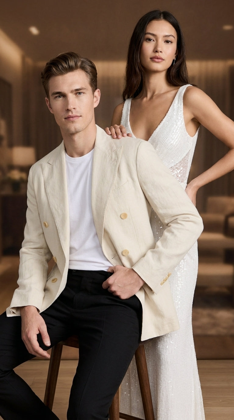 Men’s Cream Double Breasted Blazer – Ivory 6 Button Formal Wedding Sport Coat Off White color