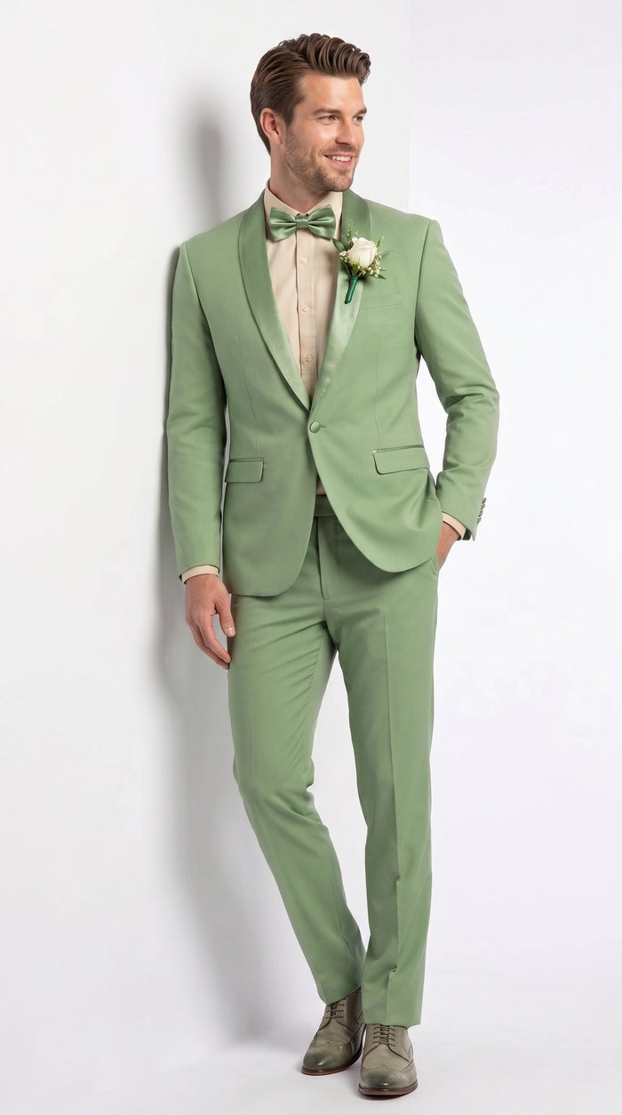 Mens Sage Green Wedding Tuxedo, Shawl Lapel Formal Groom Prom Tuxedo Suit