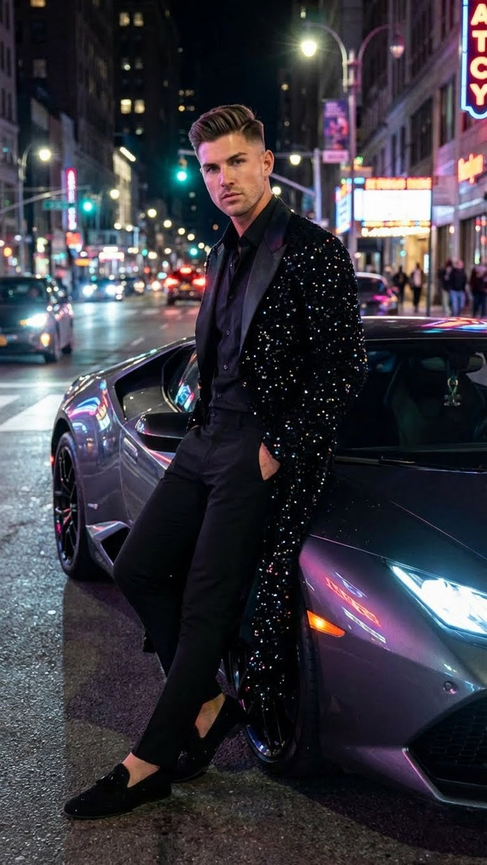 Men’s Black Sequin Long Coat with Satin Shawl Lapel - Luxury Statement Evening Overcoat USA Men's Outlet