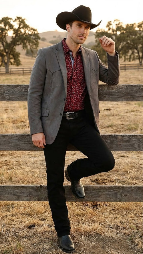 Saco Vaquero Men’s Charcoal Gray Western Faux Suede Blazer – Double Button Cowboy Jacket for Wedding & Party Wear